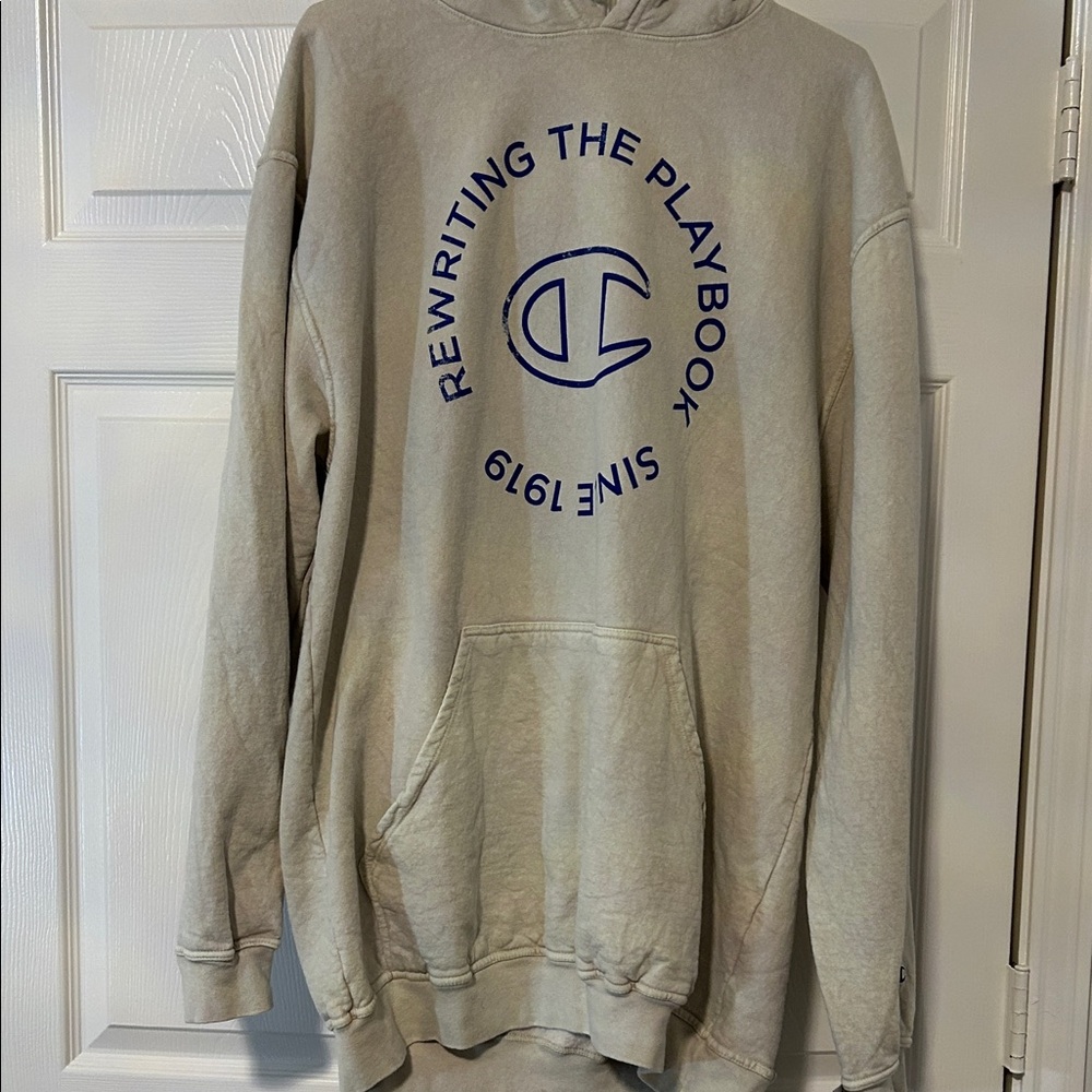 Champion Tan Hoodie with Navy Logo